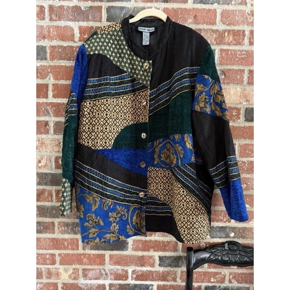 Indigo Moon Jacket Chic Floral Patchwork Funky Artsy Purple Coat Tapestry Sz 2X‎